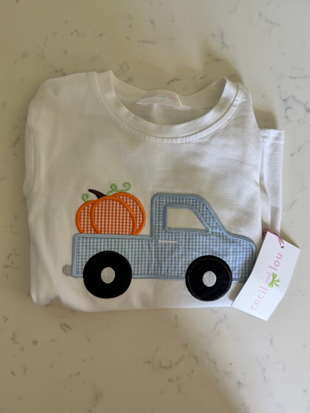 Cecil and Lou White long sleeve Tee with Blue Truck & Orange Pumpkin Applique